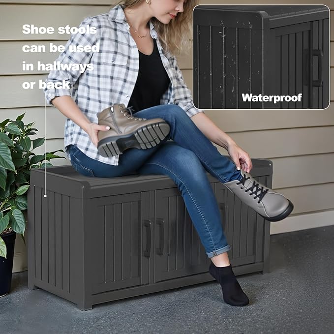 ROJIK Shoe Cabinet Waterproof UV-Resistant,Storage Bench Indoor Outdoor with Adjustable Shelves,for Entryway Bedroom,Hallway,Living Room(3 Door,Black)