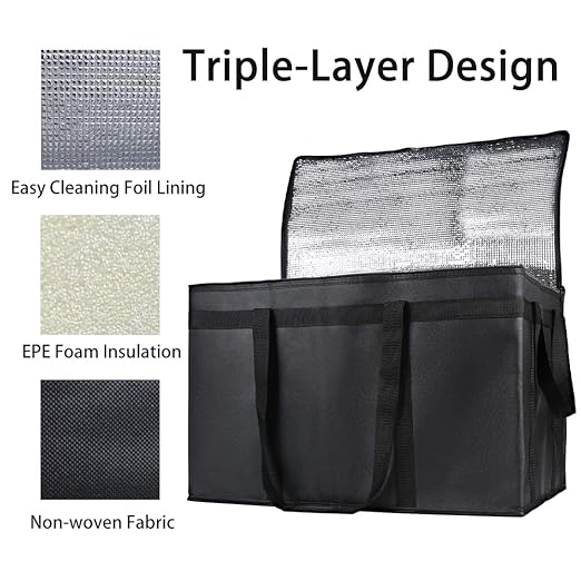 Bodaon Insulated Food Delivery Bag with Hard Bottom, XXXL, Black, 2 Pack | Heavy Duty Thermal Catering Tote for Hot Pizza, Cold Drinks & Meal Boxes for Delivery Staff, Restaurants, and Outdoor Events