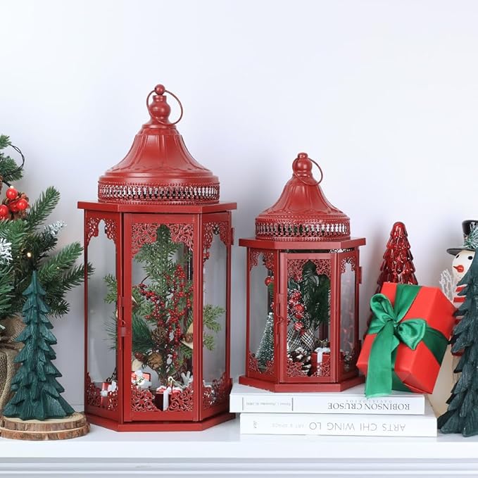 NEEDOMO Christmas Decorations Set of 2, 22''/15'' Christmas Lantern with Glass Panels for Home Decor, Decorative Hanging Lantern Indoor Outdoor for Xmas Table Centerpieces, Porch, Patio(Red)