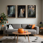 LHIUEM Large Halloween Cute Ghost Framed Canvas Wall Art Set,Vintage Spooky Wall Decor,Retro Dark Prints,Midnight Candle Poster Artwork for Living Room,Bathroom,Dining Room -16"x24"x3