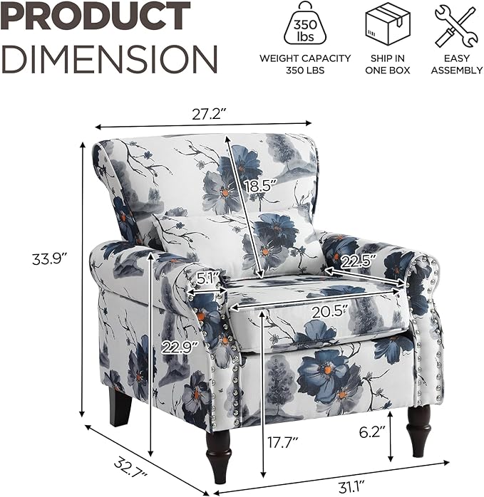 Wingback Accent Chair with Removable Pillow, High Back Floral Armchair with Solid Wood Legs & Nailhead Trim, Comfy Upholstered Reading Single Sofa Chair for Bedroom (1, Ink Blue Pattern)
