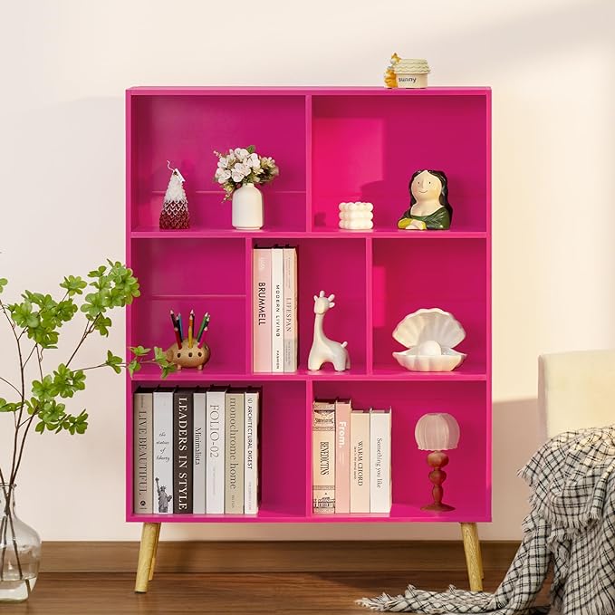 LEYAOYAO 7 Cube Bookshelf,3 Tier Book Shelf with Legs,Pink Modern Bookshelf,Large Freestanding Open Toy Modern Bookshelves,Display Bookcases Decor Furniture for Nursery