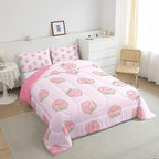 Cartoon Comforter Set King Size Pink Peach Bedding Set Kid Kawaii Down Comforter Girl Lovely Peach Duvet Set Cute Fruits Comforter Tropical Plant Bedding Reversible Soft Lightweight Room Decor