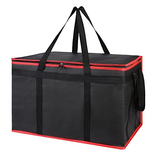 Bodaon 3-Pack Insulated Food Delivery Bag for Hot and Cold Meal, XXXL Cooler/Thermal Bags, Grocery Tote Insulation Bag for Catering, Large Pizza Warmer, Black with Red Edge