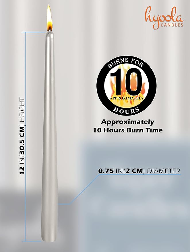 Hyoola Tall Taper Candles - 12 Inch - Metallic Titan - Dripless - 12 Pack - 10 Hour Burn Time