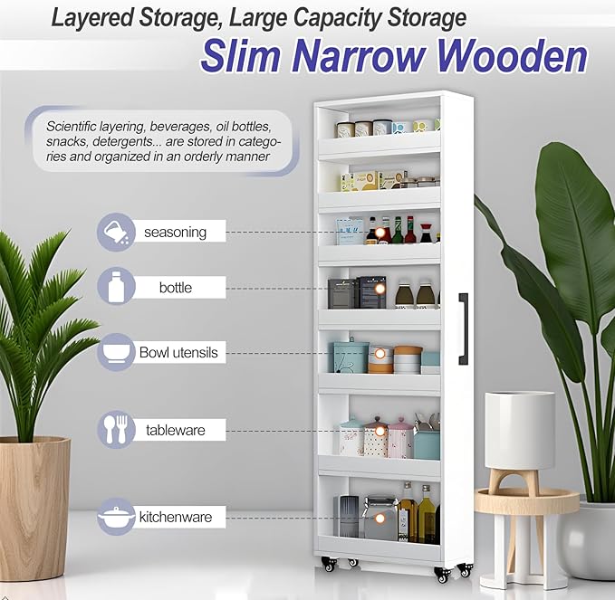 7-Tier Slim Storage Cart, Wooden Rolling Pantry Cabinet with Wheels, Narrow Shelf Organizer for Kitchen, Bakers Rack, Dining Room, Closet, Small Spaces Gray 47.2" H*7.8" W*23.6" D