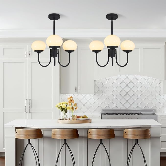 Mid Century Modern Pendant Light 3-Light Milk Glass Chandelier Frosted Globe Chandelier Black Sputnik Ceiling Light Fixture for Living Room Bedroom