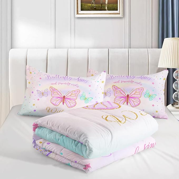 CVHOUSE Butterfly Bedding Set,Butterfly Comforter Full,Butterfly Comforter Set for Girls Kids Teens,Butterflies Quilt Set with 1 Comforter and 2 Pillow Cases- 3 Piece