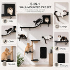 Wall Mounted Cat Furniture Combo of 5, 5 in 1 Cat Shelves with Hammock, Bridge, Climbing Tree, Scratcher & Perch – Indoor Wall Cat Playground for Large Cats, Holds Up to 30 lbs,