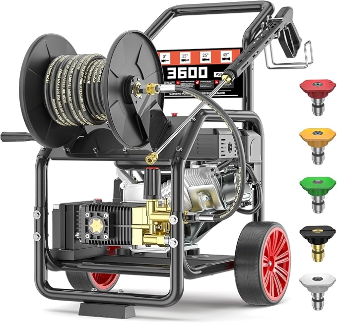 3600PSI Gas Pressure Washer with Hose Reel, 3.3 GPM, One-Button Electric Start 212cc 7HP Commercial Pressure Washer with 50FT 3/8" Hose, Spray Gun & Wand, 5 Quick Connect Nozzles