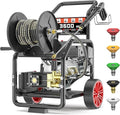 3600PSI Gas Pressure Washer with Hose Reel, 3.3 GPM, One-Button Electric Start 212cc 7HP Commercial Pressure Washer with 50FT 3/8" Hose, Spray Gun & Wand, 5 Quick Connect Nozzles