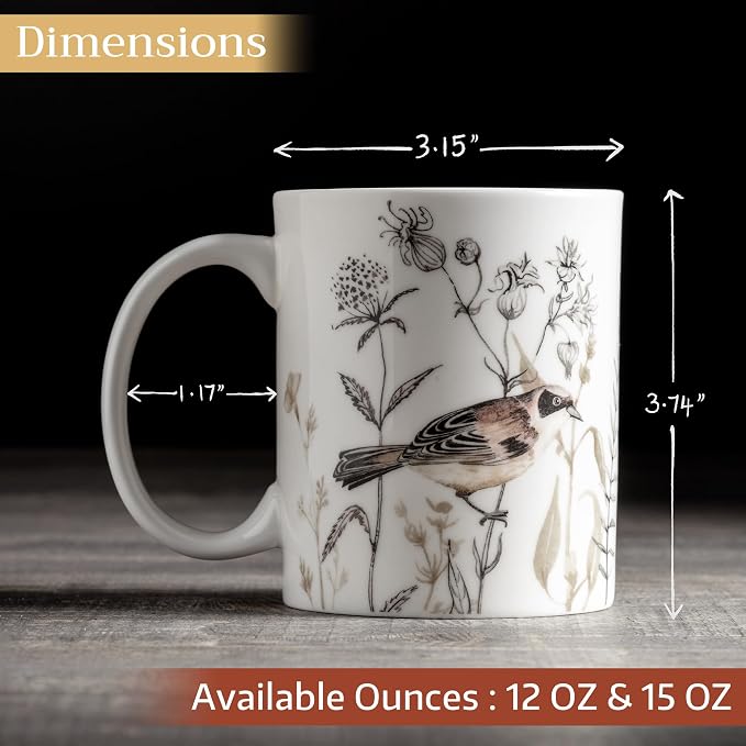 Maison d' Hermine Coffee Mug with Handles Tea Cups (12 Ounce, Pack of 1) | Fine Bone China Coffee Mugs for Hot Beverages Cappuccino Latte Home Spring Summer -Meadow Florals - Brown - Meadow Mornings