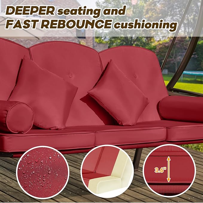 3 in 1 Outdoor Porch Swing with Adjustable Canopy, 3 Seat Outdoor Swing for Adults, Patio Swing Chair with Thickened Cushions,Pillows & Cup Holders for Backyard, Porch, Garden (Wine Red)