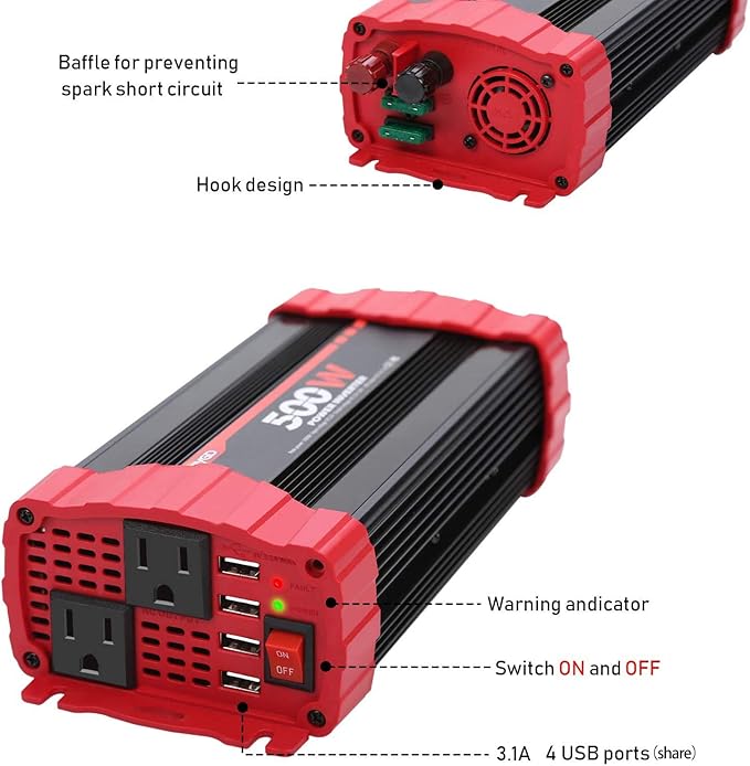 BYGD 500W Power Inverter, Car Charger Adpater DC 12V to AC 110V Car Power Converter 4 USB Quick Charging Ports and Dual AC Outlets Car Charger Adpater with Cigarette Lighter Cable and Battery Clamps
