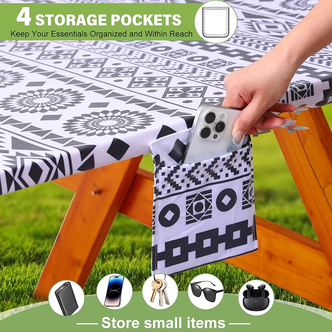 Fitted Picnic Table Cover with Bench Covers Vinyl Waterproof Elastic Edges Fitted Rectangle Tables Patio Tablecloth Camping Gear and Essentials Rv Accessories Road Trip Supplies Car Travel Must Haves