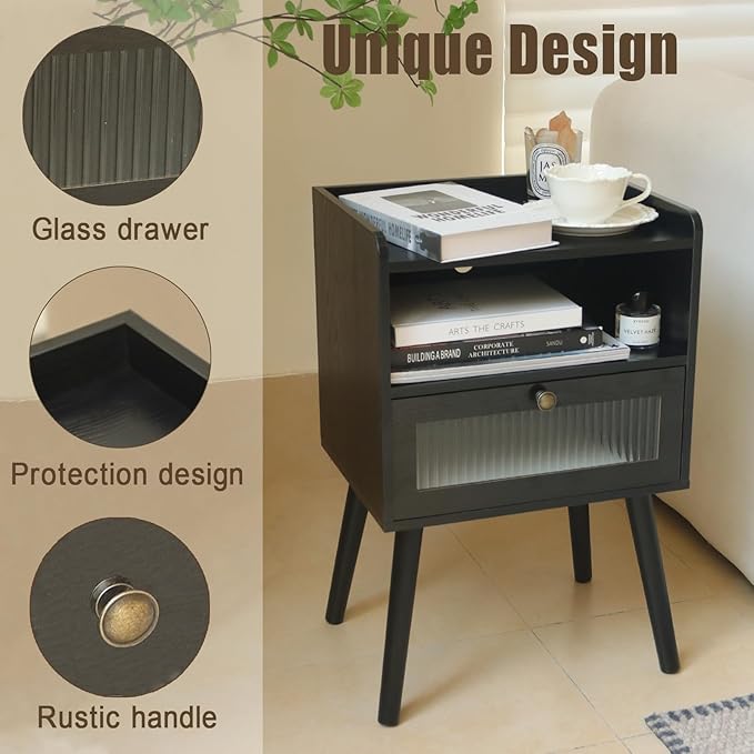 AWASEN Black Nightstand with Charging Station, Modern Bedside Table with Glass Decorative Drawer, Small End Table Side Table with 2 Tiers Storage Space, for Bedroom, Office and Small Space (Black)