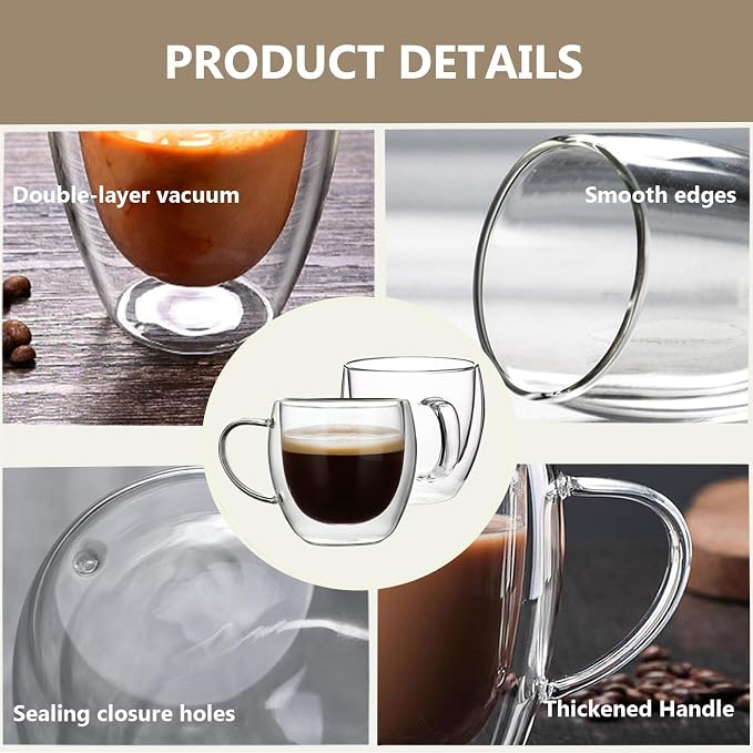 DINGPAI 4 Pack Double Wall Glass Coffee Mugs, 8oz Borosilicate Glass Mug | Heat-resistant, Cappuccino Espresso Tea Latte Cup with Handle, 4 Spoons for Stirring Beverages in Bar, Cafe, or at Home