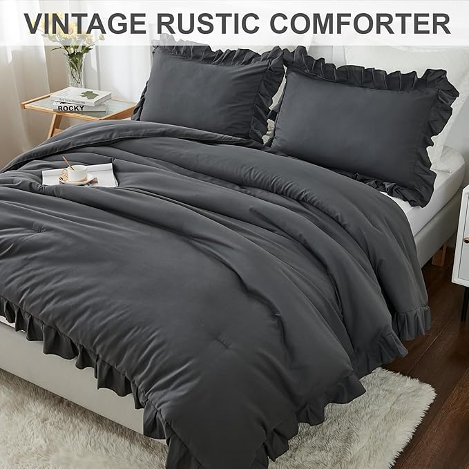 Andency Dark Gray Twin Size Comforter, 2 Pieces Kids All Season Ruffle Bed Comforter Set, Boho Lightweight Solid Farmhouse Shabby Chic Bedding Comforters & Sets (66x90Inch Comforter)