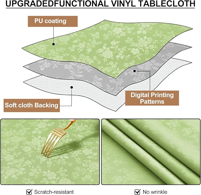 Smiry Rectangle Waterproof Heavy Duty Vinyl Tablecloths, 60 x 120 Inch | Wipeable Washable Floral Embossed Table Cover for Kitchen and Dining Room, Indoor & Outdoor Use, Sage Green