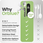 Orblue 4-in-1 Camping Eating Utensils, 2-Pack - Portable Spoon, Fork, Knife & Bottle Opener Combo Set - Stainless Steel Flatware with Detachable Fork - Backpacking Cutlery Multitool, Olive Green