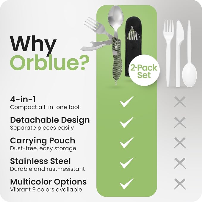 Orblue 4-in-1 Camping Eating Utensils, 2-Pack - Portable Spoon, Fork, Knife & Bottle Opener Combo Set - Stainless Steel Flatware with Detachable Fork - Backpacking Cutlery Multitool, Olive Green