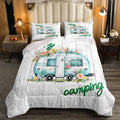 Girls Camper Comforter Set Camping Car Floral Down Comforter King Size Rustic Farmhouse Theme Bedding Set Camping Decor Retro Chic Flower Quilted Duvet Old Barn Door Vintage Wooden Style Duvet Set