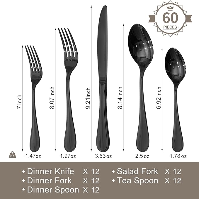 KINGSTONE 60 Piece Teardrop Silverware Set for 12, 18/10 Stainless Steel Flatware Set, Modern Design Cutlery Set for Home/Hotel/Wedding,Mirror Polished and Dishwasher Safe, Black