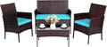 Patio Furniture Set 4 Pieces Conversation Sets Outdoor Wicker Rattan Chairs Garden Backyard Balcony Porch Poolside Loveseat with Soft Cushion and Tempered Glass Table(Brown/Blue)