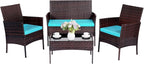 Patio Furniture Set 4 Pieces Conversation Sets Outdoor Wicker Rattan Chairs Garden Backyard Balcony Porch Poolside Loveseat with Soft Cushion and Tempered Glass Table(Brown/Blue)