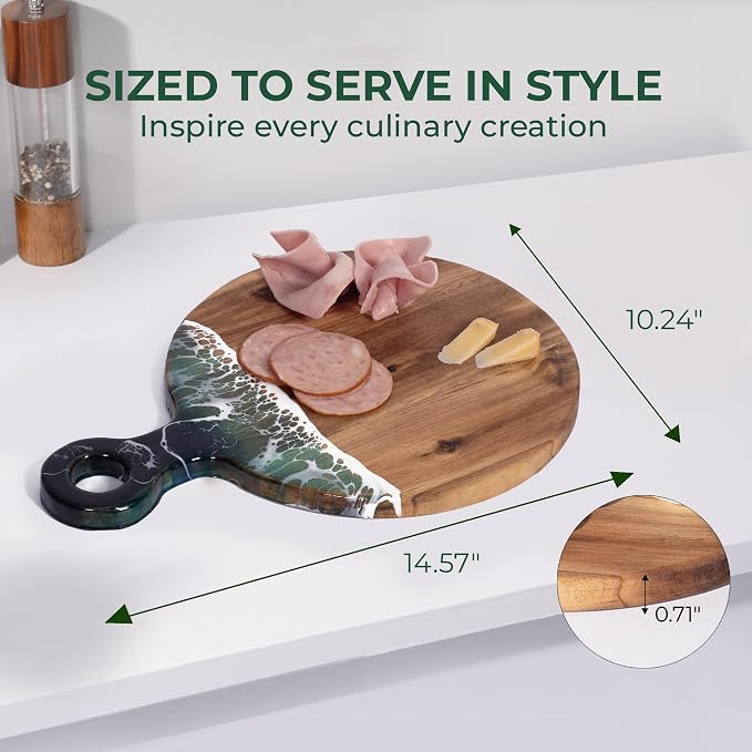 Acacia Wood Serving Board with Ocean Resin Art, 14.6" x 10.2" Charcuterie Cheese Tray for Display & Prep, Cutting Board on Back, Includes Stand & Loofah, Christmas Housewarming Gift (Round)