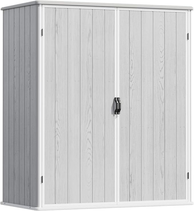 Devoko 5 x 3 Resin Outdoor Storage Shed with Floor - Waterproof Plastic Outdoor Tool Cabinet with Lockable Doors for Patio Furniture, Pool Accessories, Garden Tools (Light Gray)