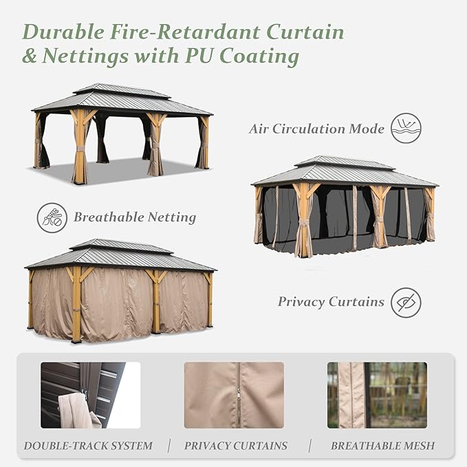 Domi 12' X 20' Wood Gazebo, Cedar Frame Hardtop Gazebo with Galvanized Steel Double Roof, Netting & Curtains, Patio Pergola Pavilion for Patio, Backyard, Deck, Lawns