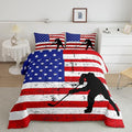 Erosebridal American Flag Comforter Set Queen, Hockey Bedding Set United States Sports Games Down Comforter for Kids Boys Teens Bedroom, Red White Geometric Stripes Duvet Sets with 2 Pillowcases