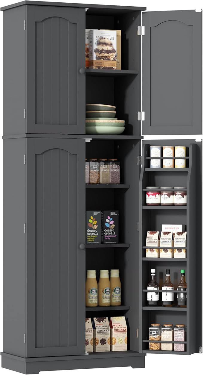 Yusong 64'' Grey Kitchen Storage Cabinet, Tall Pantry Cabinet with Doors and Shelves, 17 Cubic Feet, Freestanding for Kitchen, Dining, Living Room