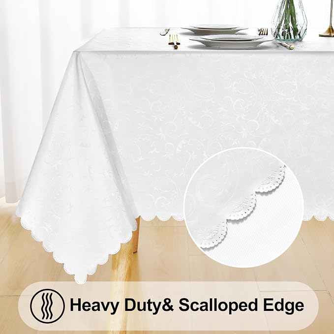 Smiry Rectangle Waterproof Heavy Duty Vinyl Tablecloths, 60 x 102 Inch | Wipeable Washable Floral Embossed Table Cover for Kitchen and Dining Room, Indoor & Outdoor Use, Pearl White