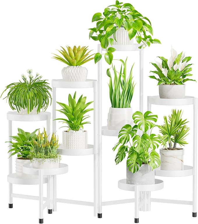 iDavosic.ly Plant Stand Indoor Outdoor, 10 Tier Corner Metal Flower Display Holder Shelf, Folding Tall Orchid Rack for Patio Balcony Porch Garden Living Room House, White
