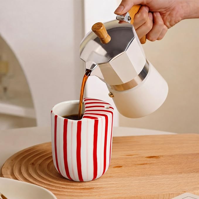 Ceramic Mug with Sip Hole 10 oz Novelty Red Striped Ceramic Coffee Mug Hand Painted Travel Mugs Heat Resistant Non Slip Built in One Lid Handcraft Mugs for Coffee Lovers Appreciation Gift