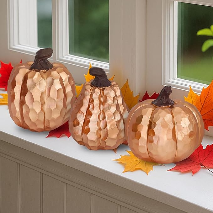 Large Pumpkin Decor Set of 3, Resin Pumpkins Thanksgiving Table Decor,5.9 Inch Faux Pumpkins Suitable for Fall Home Decor,Fall Table Decorations,Fall Mantel Decor (Gold)