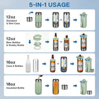 5 In 1 Beer Can Cooler Bottle Holder with Drinking Spout Lid for 12oz Regular, Slim Skinny Cans Bottles,Sealed Insulated Double Wall Vacuum Stainless Steel Can Keeps Your Drinks Cold(Green)