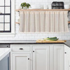 Sutuo Home Boho Sheer Curtain Valance Tier Crochet Lace with Bohemian Hollow Knitted Handmade Tassels, Short Farmhouse Window Treatment for Kitchen Cafe, Rod Pocket, 1 Panel 59" W x 24" L, Beige