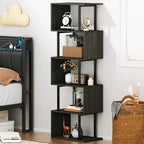 Furologee 6 Tier Bookshelf Tall Geometric Bookcase, S-Shaped Industrial Display Standing Shelf, Metal and Wood Decorative Storage Room Divider Shelves for Bedroom, Living Room, Office, Light Black Oak