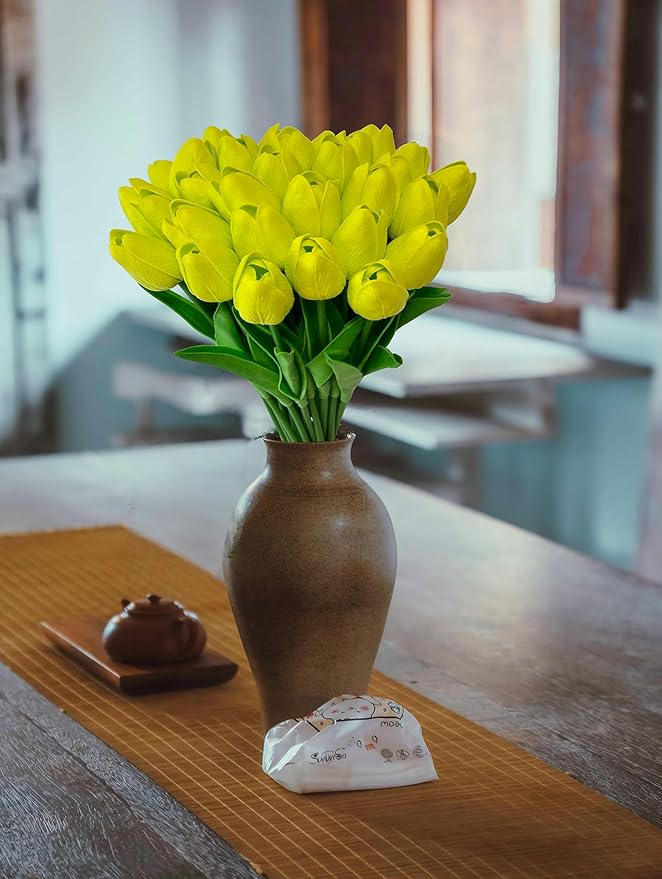 Fake Tulips Flowers 15 Pcs PU Artificial Flower Real Touch Tulip for Home Party Wedding Floral Arrangement Centerpiece Table Party Decoration