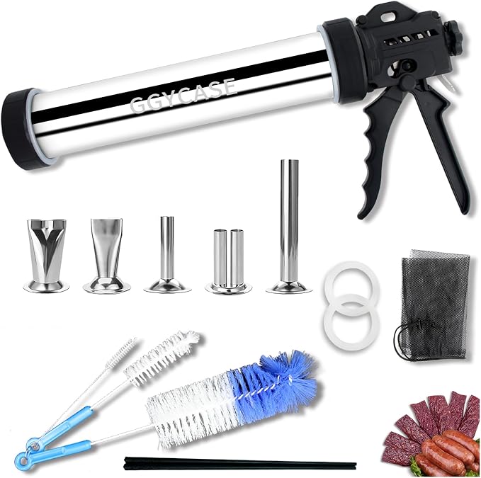 2LB Large Capacity Stainless Steel Jerky Gun Kits, Sausage Stuffer Machine, Meat Gun, Beef Jerky Maker with 5 Stainless Nozzles 3 Brushes