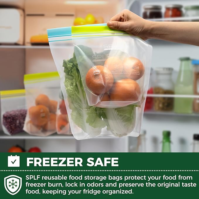 SPLF 12 Pack Reusable 2 Gallon Freezer Bags Dishwasher Safe | Extra Large Reusable Freezer Bags 2 Gallon, Leakproof BPA Free Food Storage Bags for Marinate Meat, Veggies, Bread, Travel