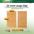 BAMOTTO CRAFTBAMBOO 12.6x22 Inch Bamboo Cutting Board, Over Sink | Detachable Non-Slip Front Lip | Reversible Dual Juice Grooves | Countertop Extension for Small Kitchen RV Camper Stove Cover