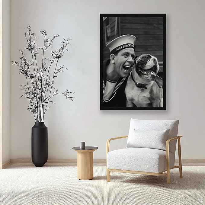 UXCBIA Sailor And Bulldog Smiling, Vintage English Black And White, Funny Dog Poster Canvas Poster Bedroom Decor Sports Landscape Office Room Decor Gift Black Frame 16x24in(40x60cm)
