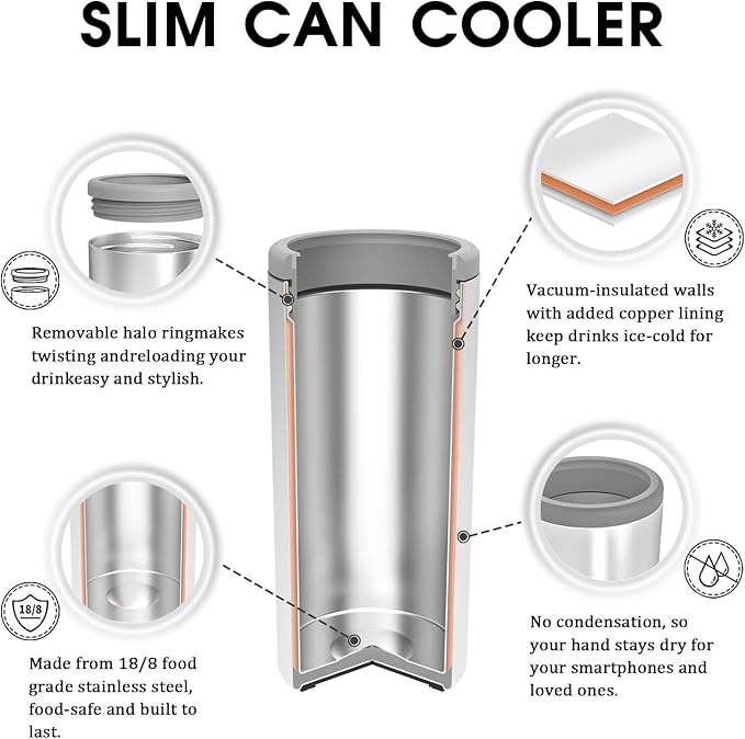 TILUCK Skinny Can Cooler, Stainless Steel Insulated Slim Cans, 12 oz | Beer & Hard Seltzer, Doucle-Walled Stainless Steel Insulated Slim Cans, Slim 12 oz(Marble)