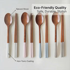 Handmade Wooden Cutlery Set by Diulazin - 4PCS Reusable Spoon and Chopsticks, High-Grade for Daily Use, Parties, Banquets, Buffets, Catering - Eco-Friendly, 9 Inch, Style A
