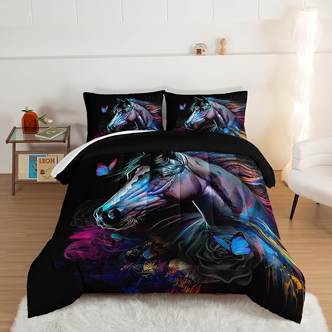 HOSIMA 3 Pieces Art Horse Comforter Set with 2 Pillowcases,Wildlife Horse Butterfly Black Comforter Boys Teens Aesthetic Room Decor,Animal Bedding Full Size Bed in a Bag Sets for adults.