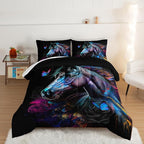 HOSIMA 3 Pieces Art Horse Comforter Set with 2 Pillowcases,Wildlife Horse Butterfly Black Comforter Boys Teens Aesthetic Room Decor,Animal Bedding Full Size Bed in a Bag Sets for adults.